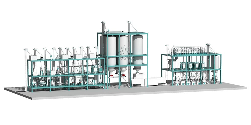 Close-up dos componentes da máquina de moagem de farinha Voson, incluindo rolos e sistema de controle PLC, demonstrando tecnologia avançada de moagem
