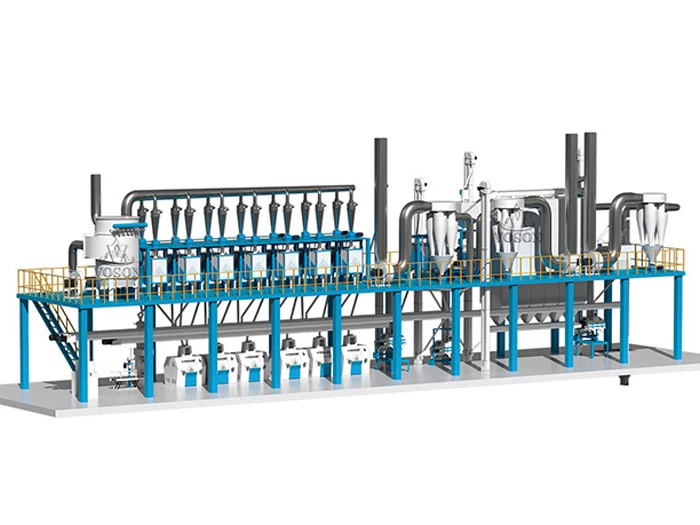 Projeto 3D de um sistema industrial completo de moagem de milho de 100 TPD