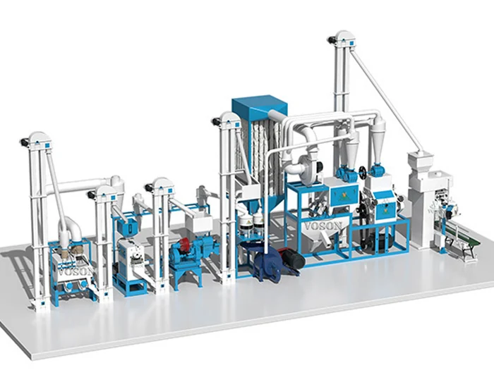 Vista 3D de uma linha completa de produção de farinha de milho de 10 TPD