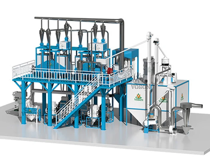 Projeto 3D de um sistema industrial completo de moagem de trigo de 30 TPD