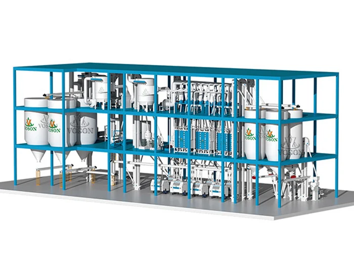 Projeto 3D de um sistema industrial completo de moagem de milho de 200-250 TPD