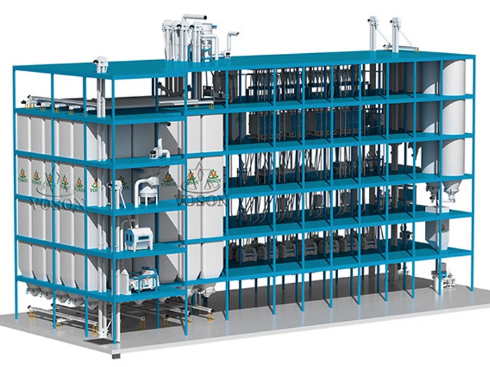 Projeto 3D de um sistema industrial completo de moagem de trigo de 300 TPD
